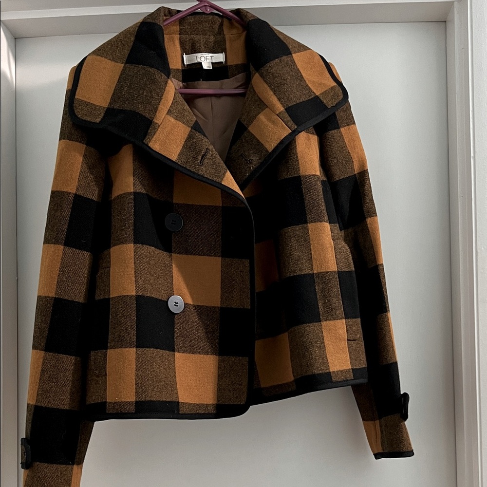 LOFT Women's Plaid Pea Coat - Black and Tan